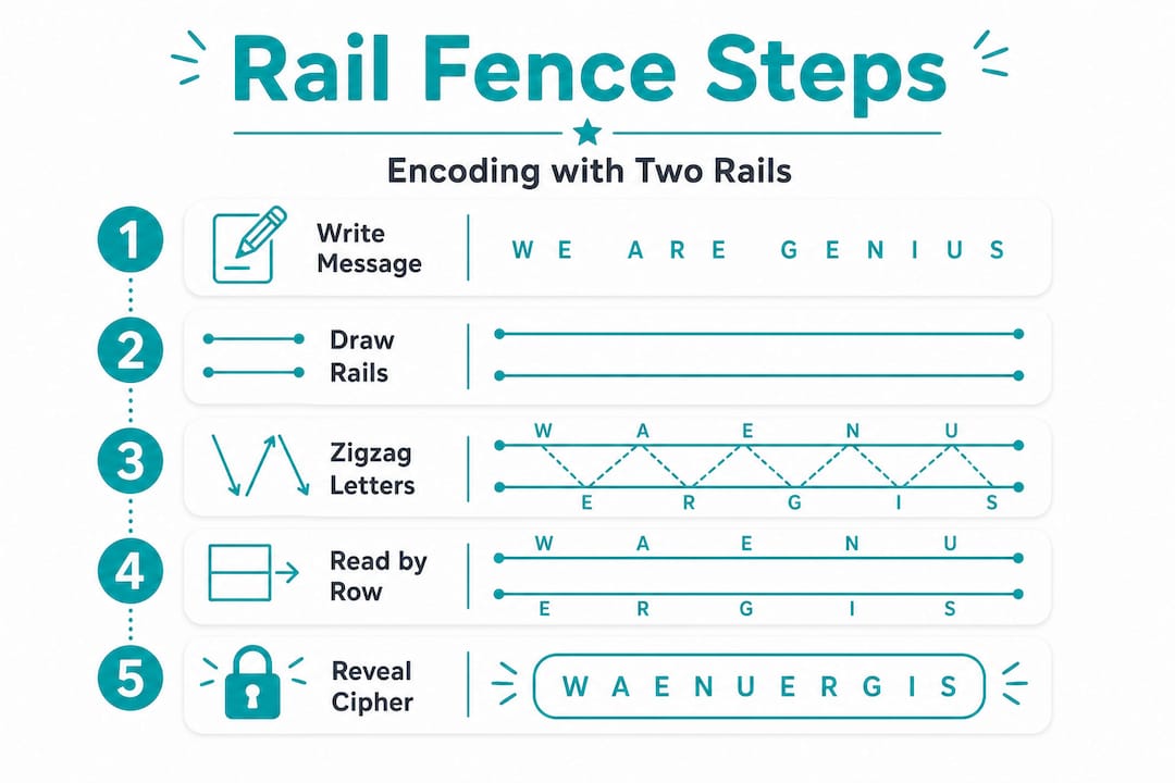 Infographic showing rail fence cipher steps