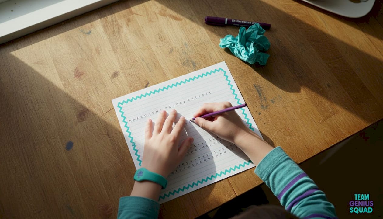 Child’s hands decoding cipher with paper
