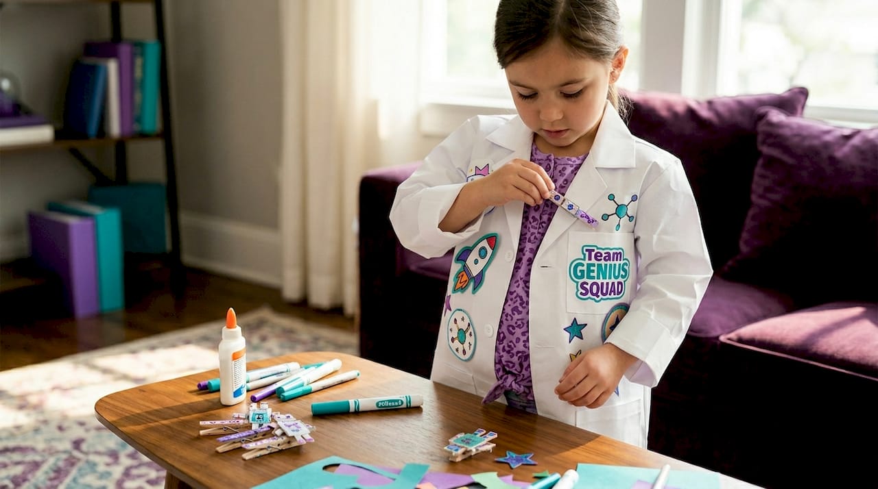 Girl clipping clothespin to paper lab coat