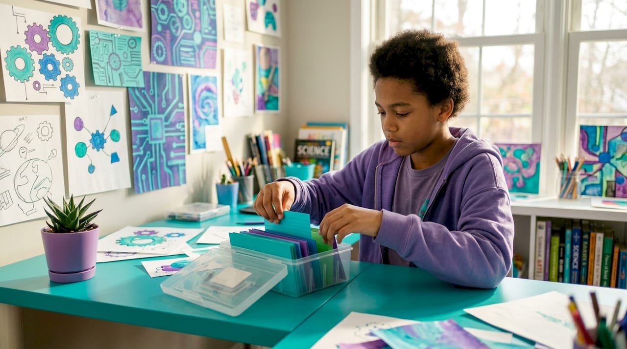Teen organizing study materials at simple bedroom desk