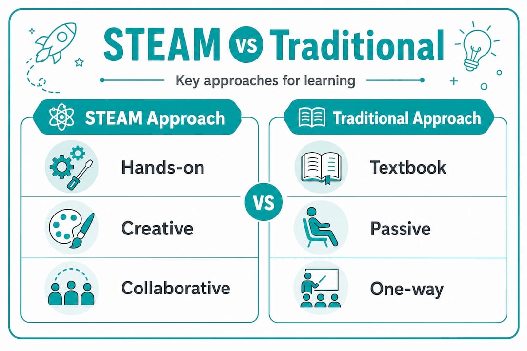 Infographic comparing STEAM and traditional education