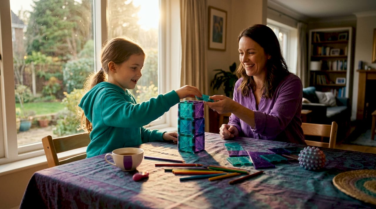 Mother and neurodivergent child building with hands-on kit