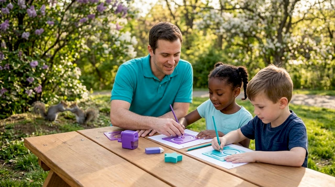 Occupational therapist guides children using OT stencils