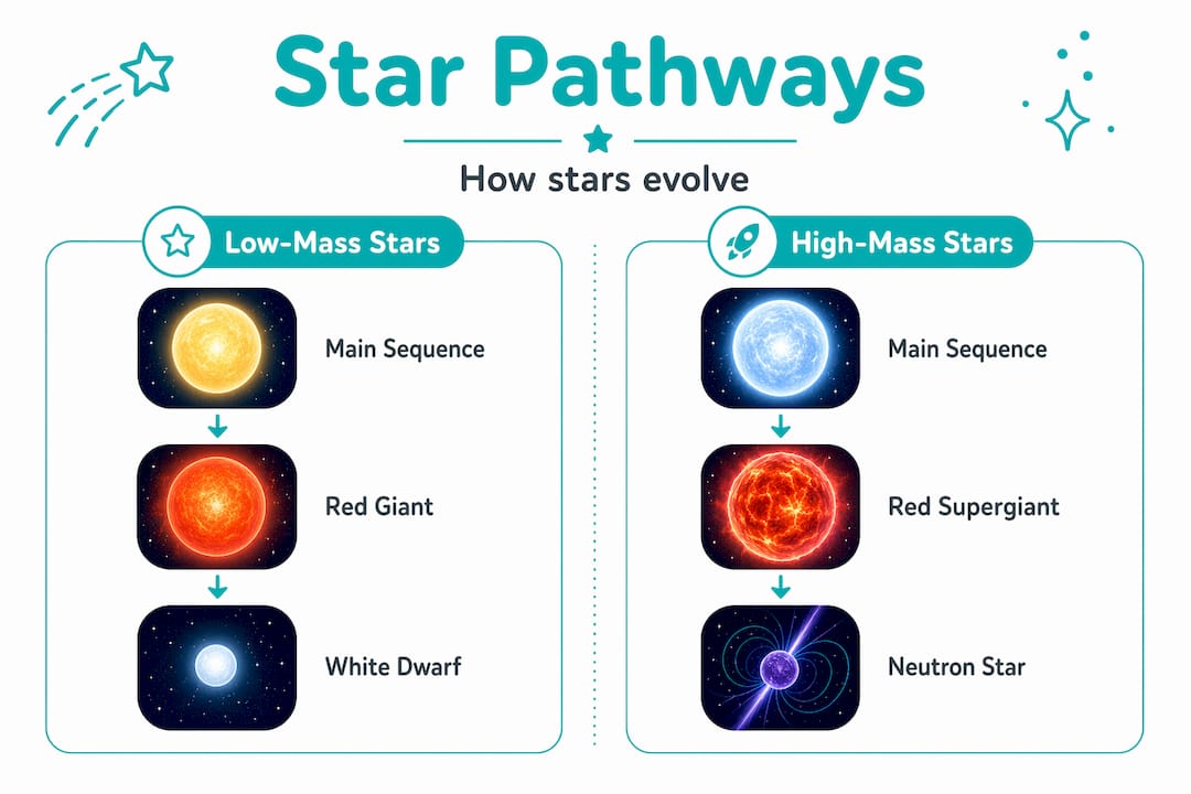 Infographic comparing star evolution for low vs high mass