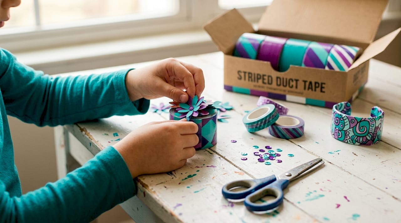 Decorating duct tape bracelet with gems and tape