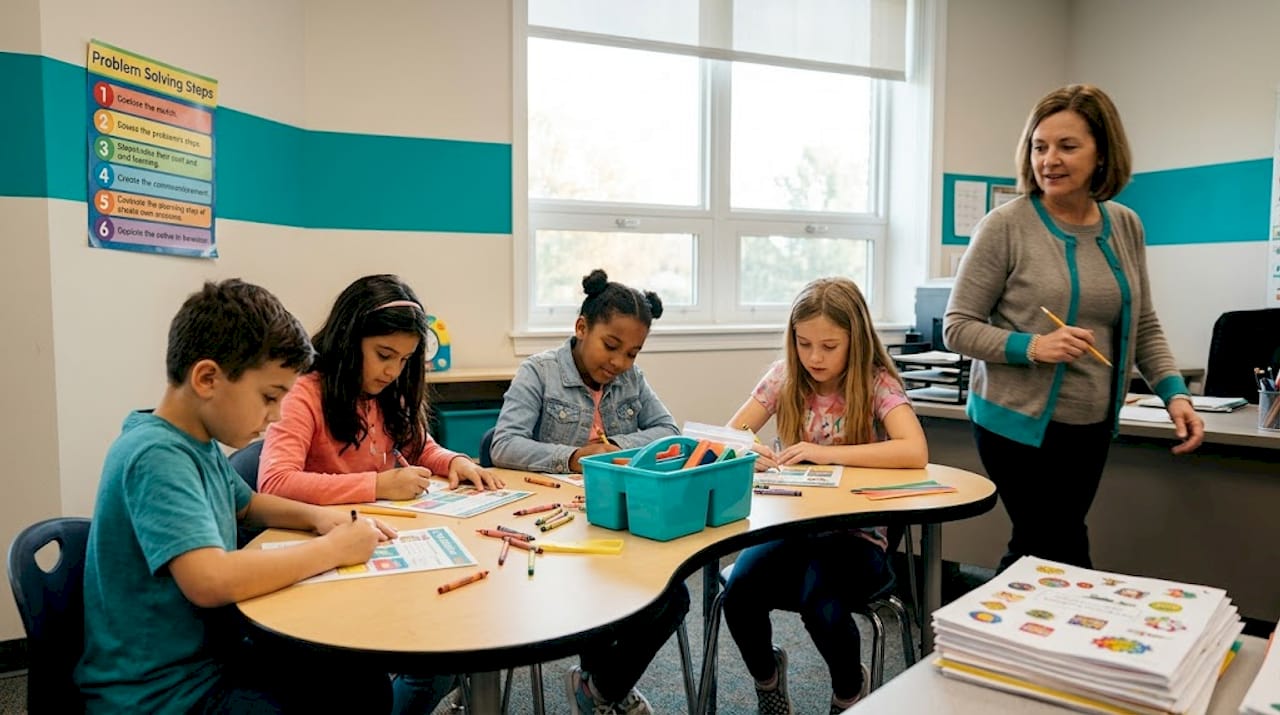 Elementary students work on STEM class worksheets