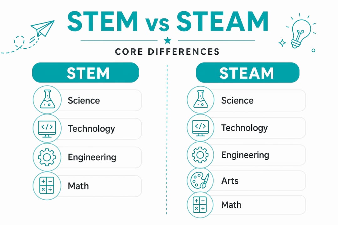 Infographic visually comparing STEM and STEAM categories