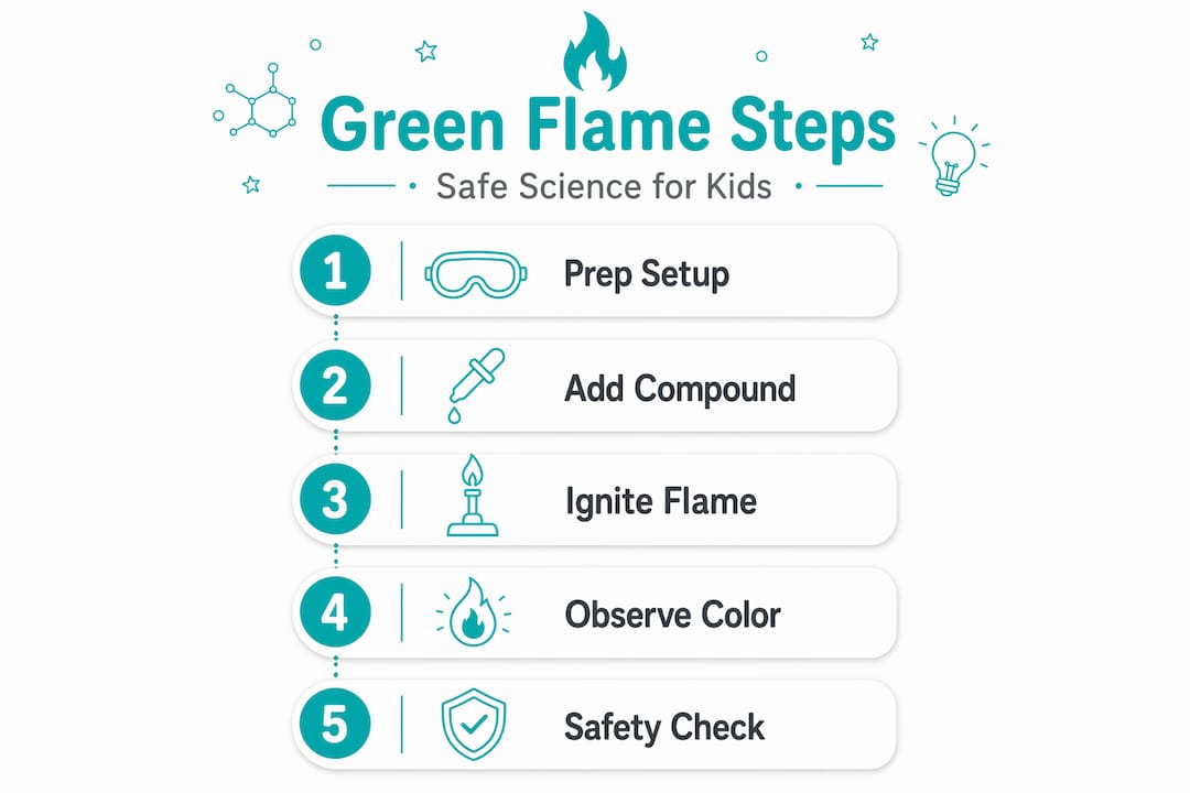 Infographic outlining safe green flame experiment steps