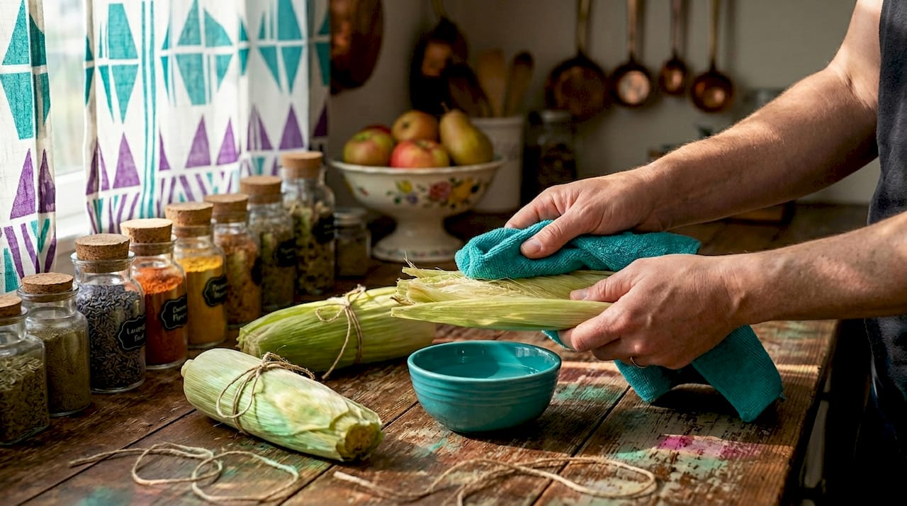 Hands patting soaked corn husks dry