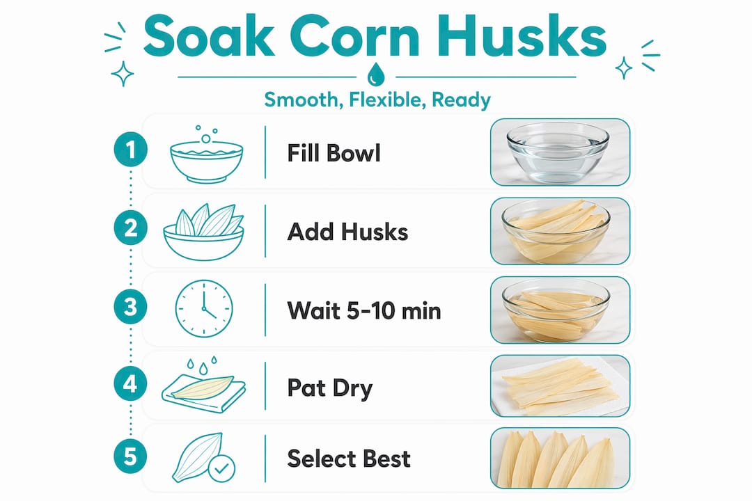 Infographic showing corn husk soaking steps