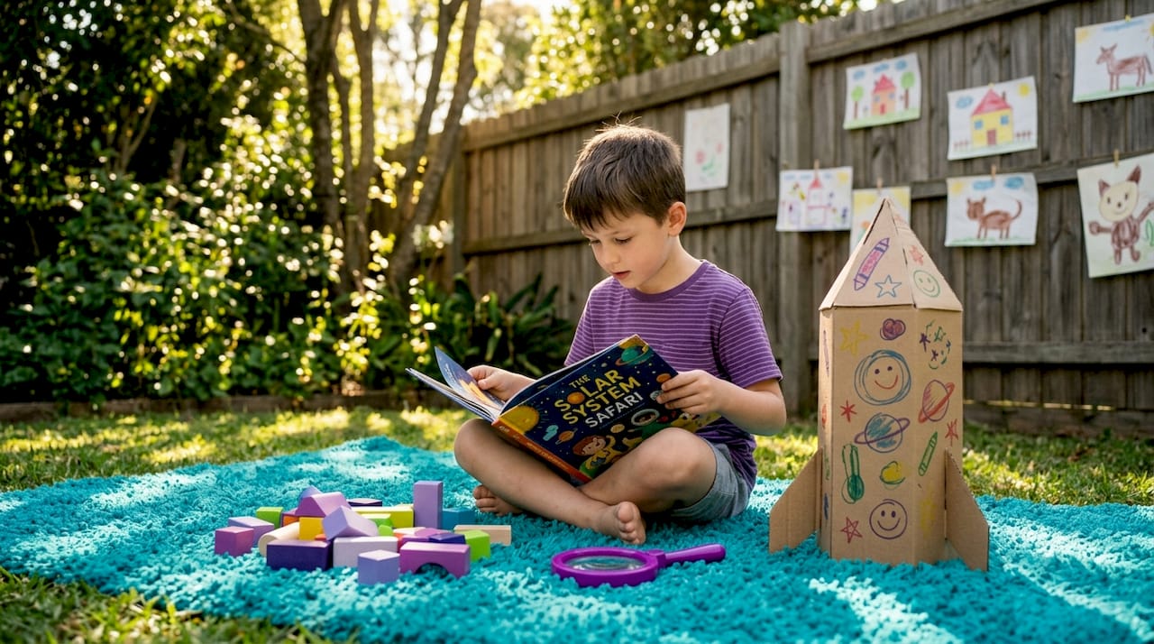 Child explores picture book amid STEAM play