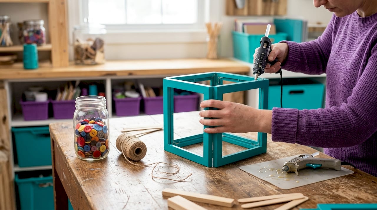 Hands assembling photo frame centerpiece project