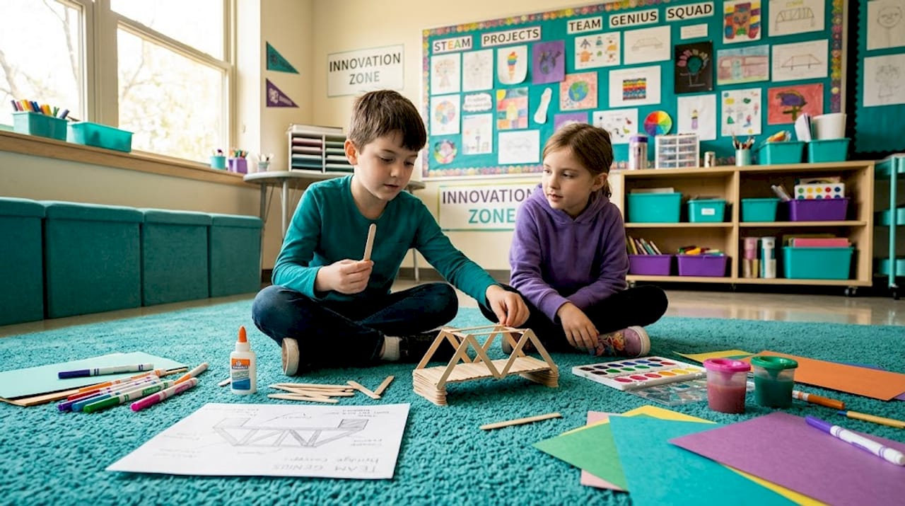 Children designing creative bridge with art supplies