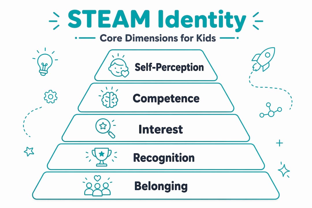 Infographic showing five dimensions of STEAM identity