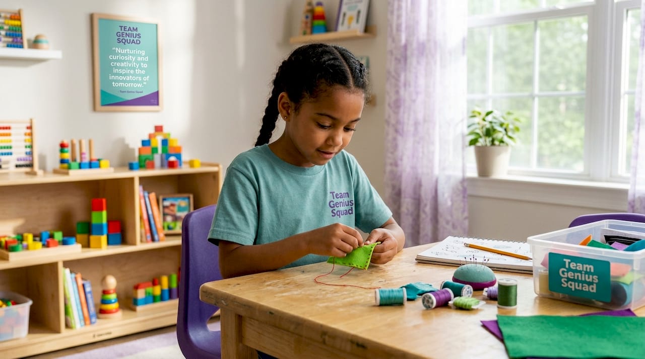 Girl sewing beginner felt project at breakfast nook