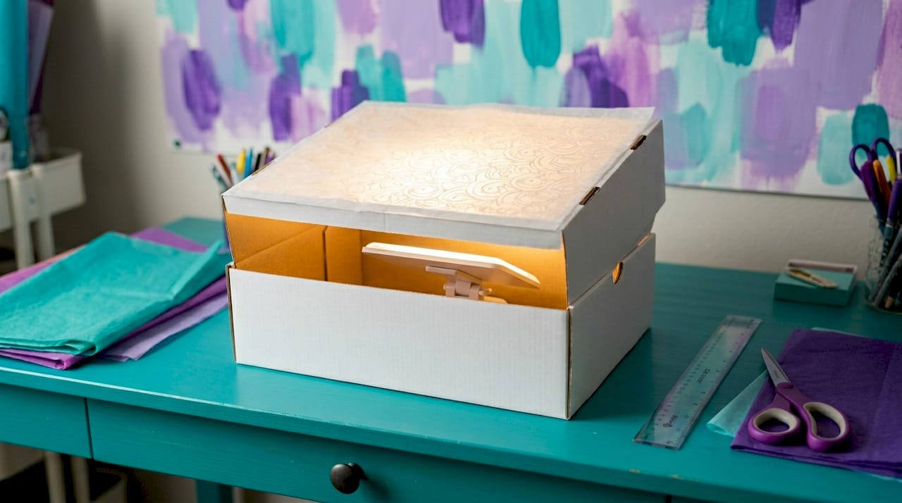 DIY lightbox made from cardboard with lamp inside