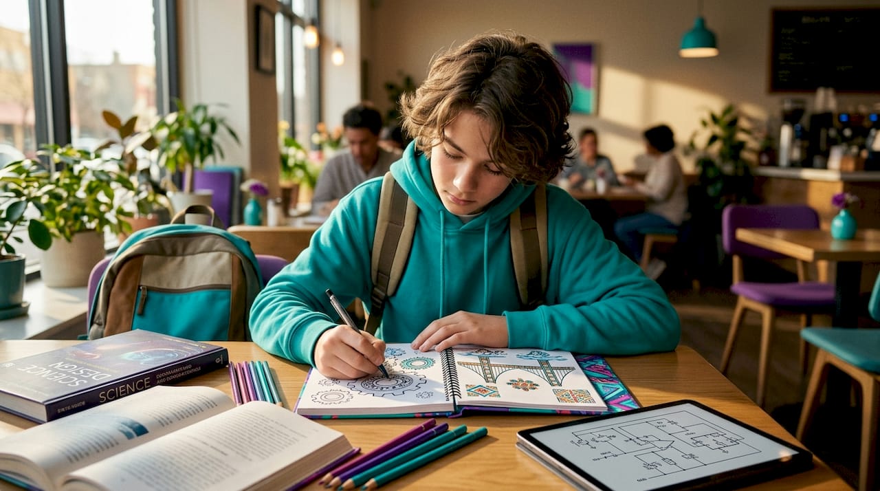 Student sketching STEAM project ideas inspired by identity