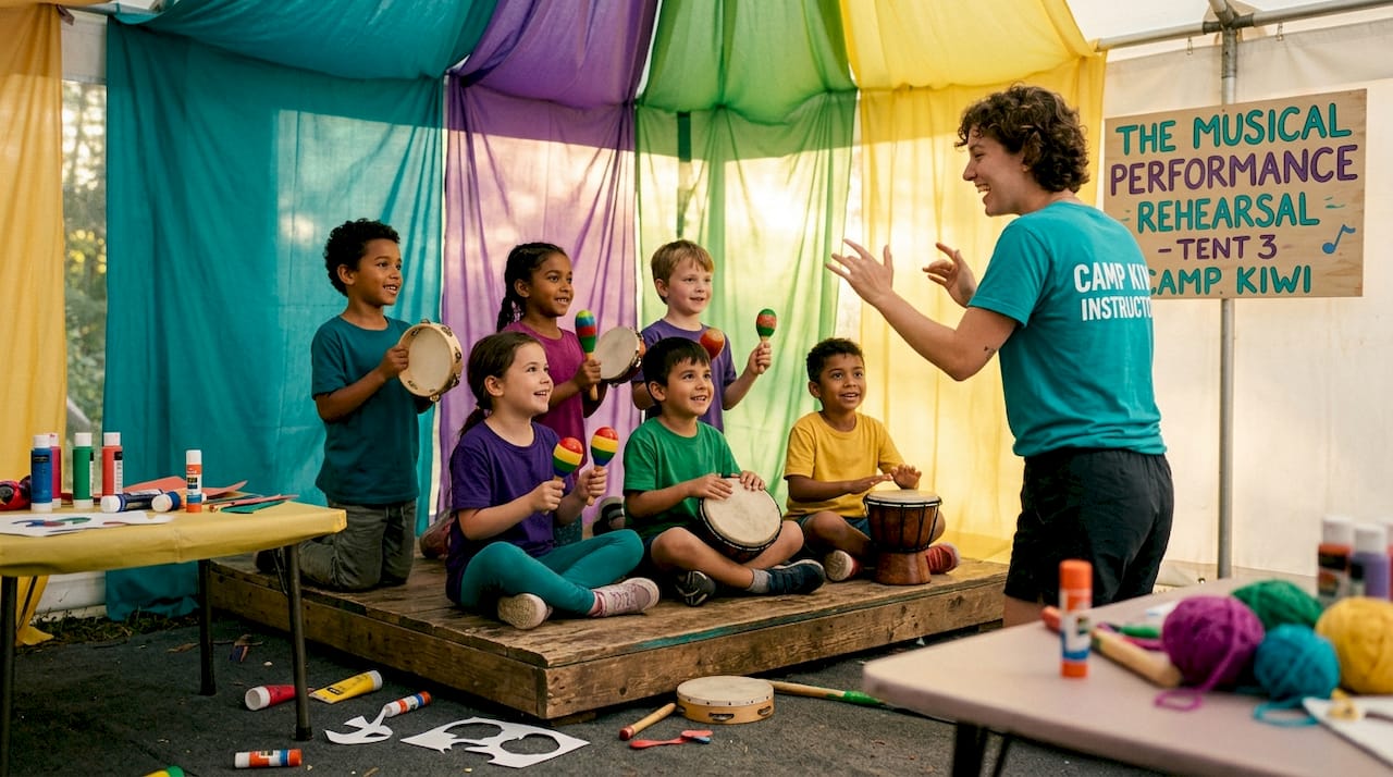 Children rehearsing musical performance outdoors