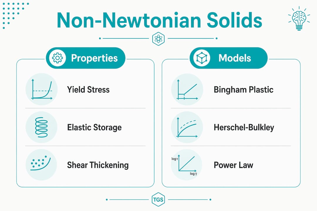 Infographic comparing properties and models of non-newtonian solids