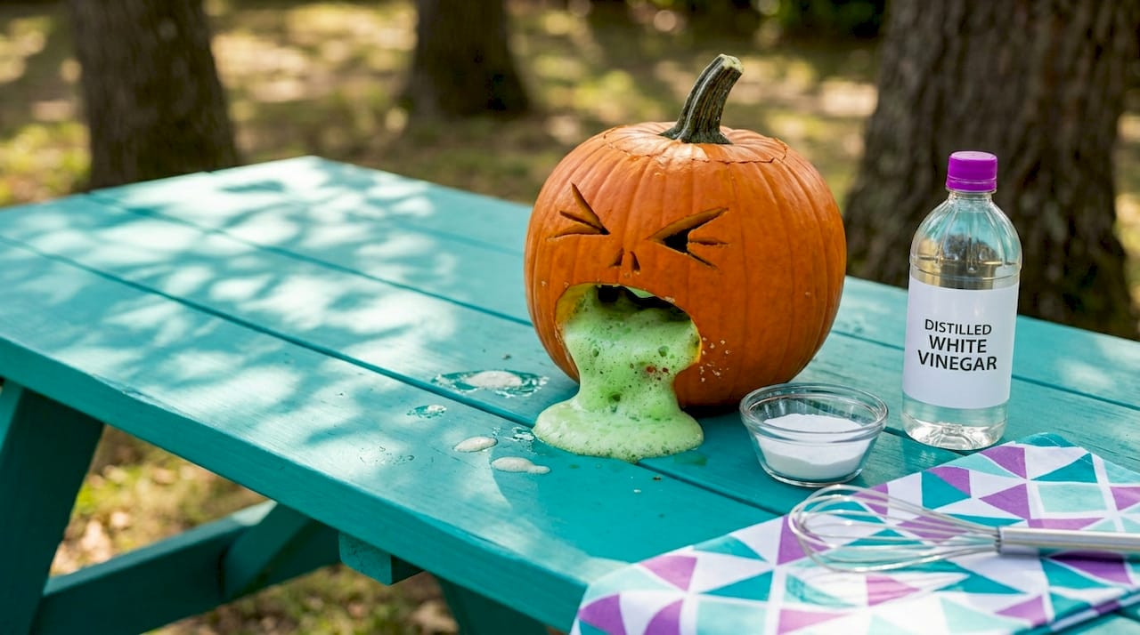 Close-up of fizzy foam coming from carved pumpkin mouth
