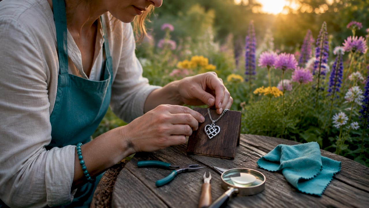 Jeweler placing Celtic heart knot pendant