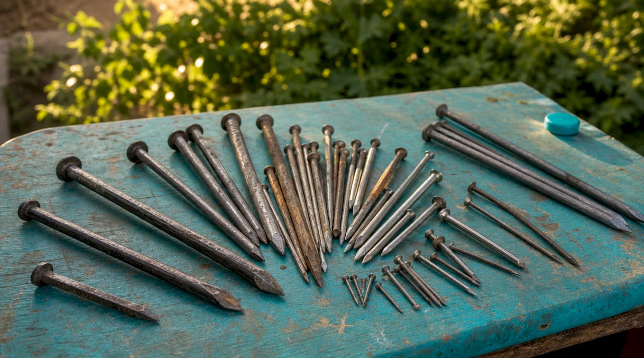 Selection of iron nails showing different sizes and types