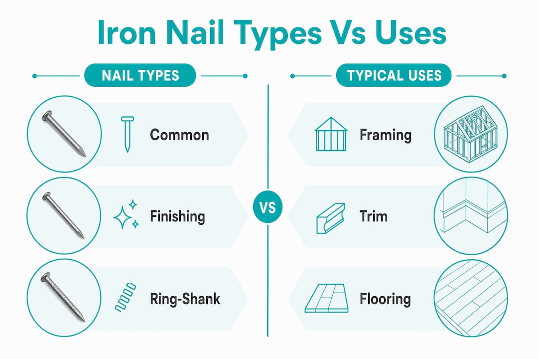 Infographic comparing iron nail types with their typical uses