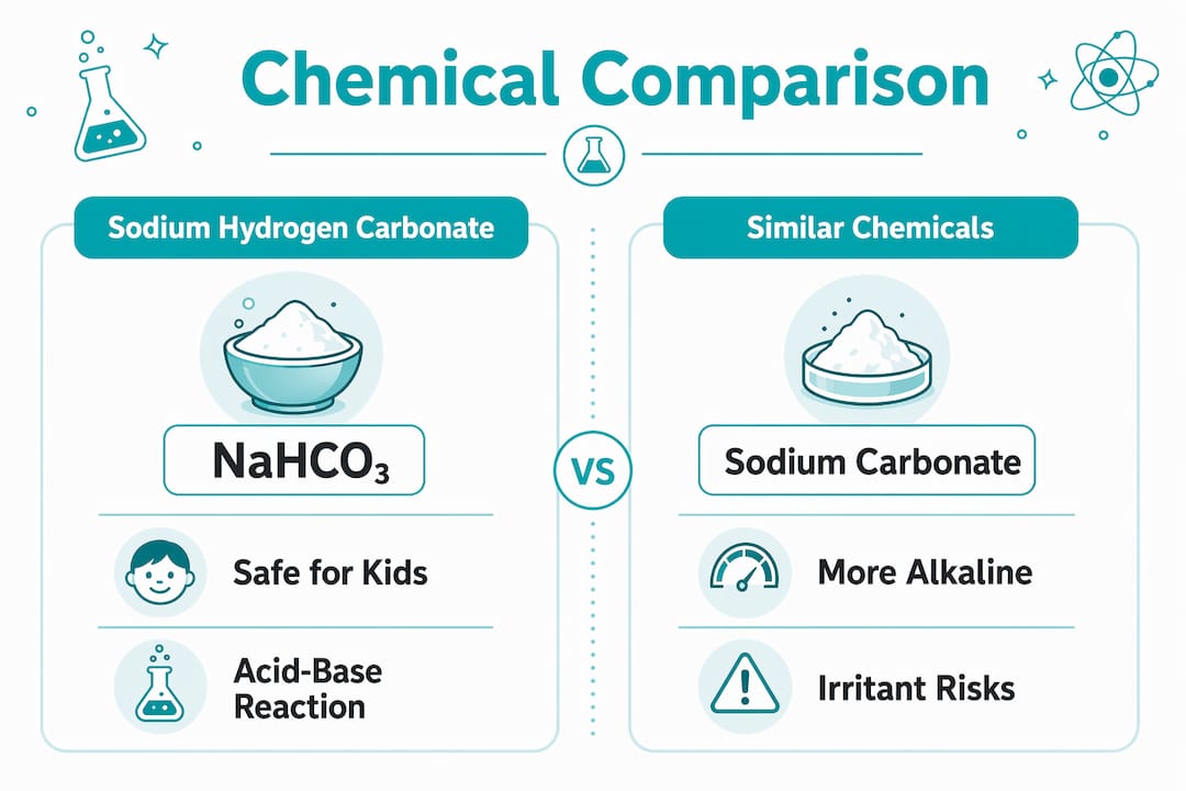 Comparison infographic of baking soda and similar chemicals
