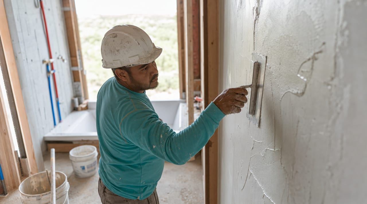 Construction worker plastering wall with gypsum