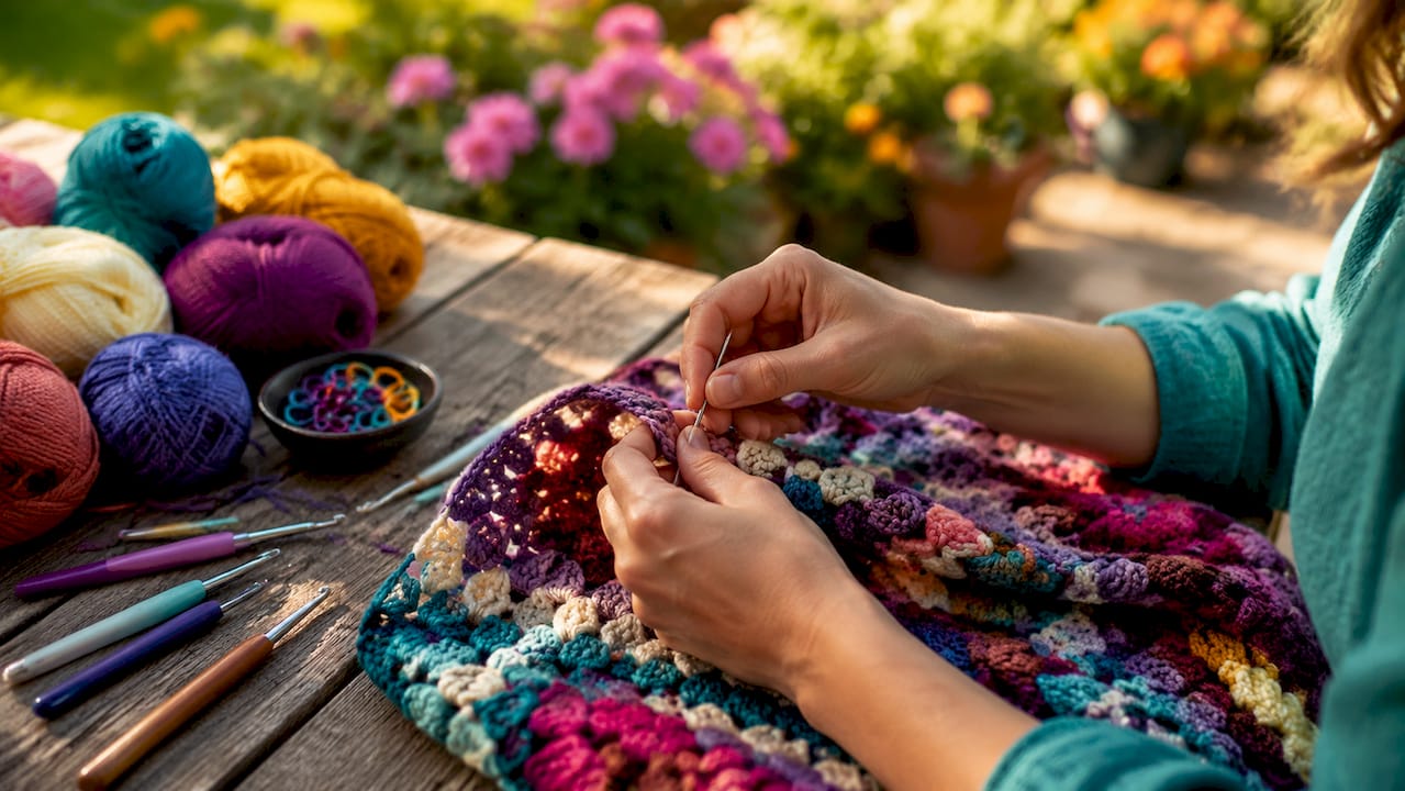 Hands weaving yarn tails on crochet crochet blanket