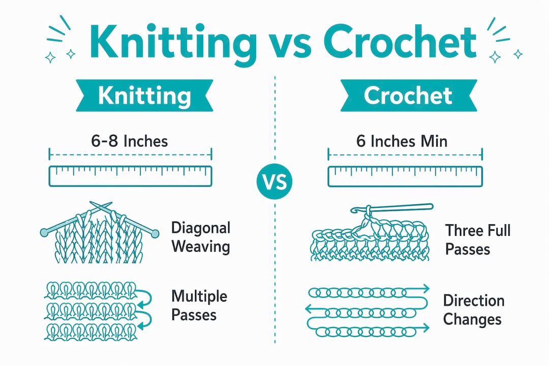 Infographic comparing knitting and crochet yarn tail techniques