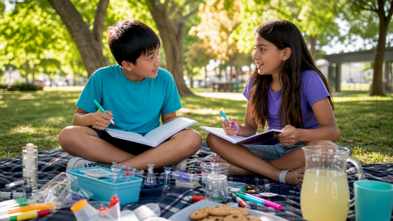 Two children discussing STEM project in library corner