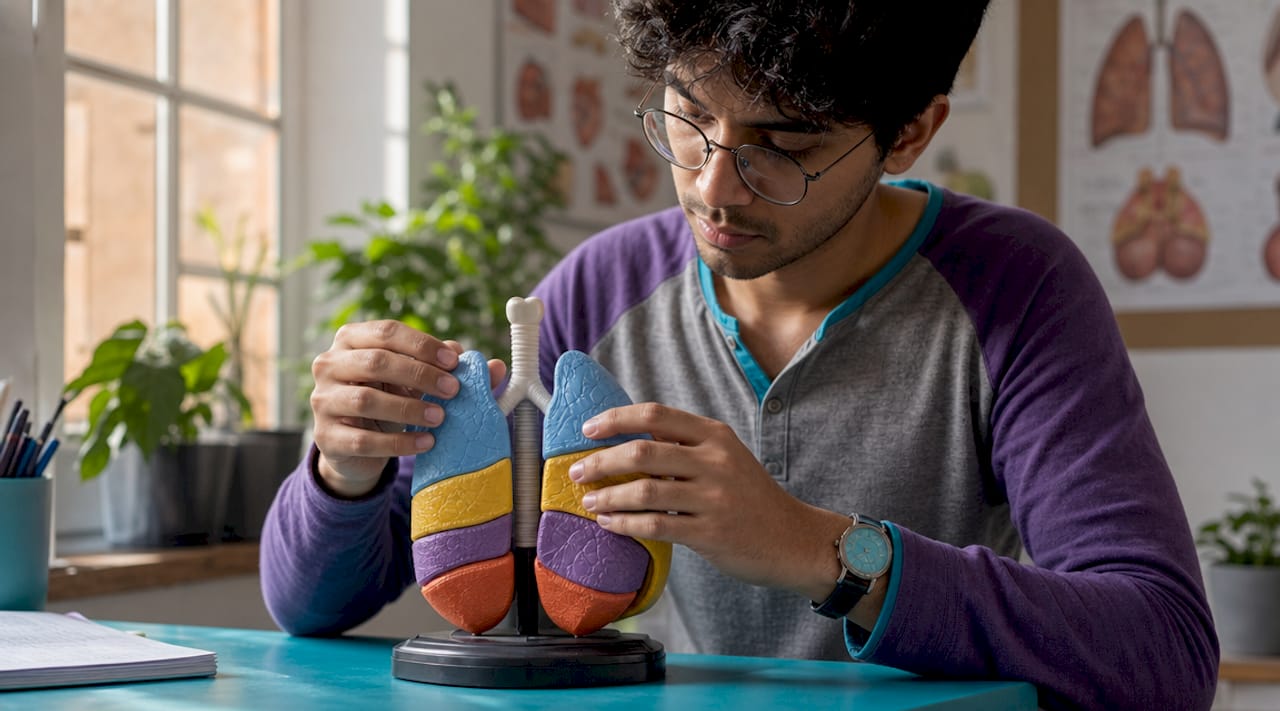 Hands assembling anatomical lung volume model