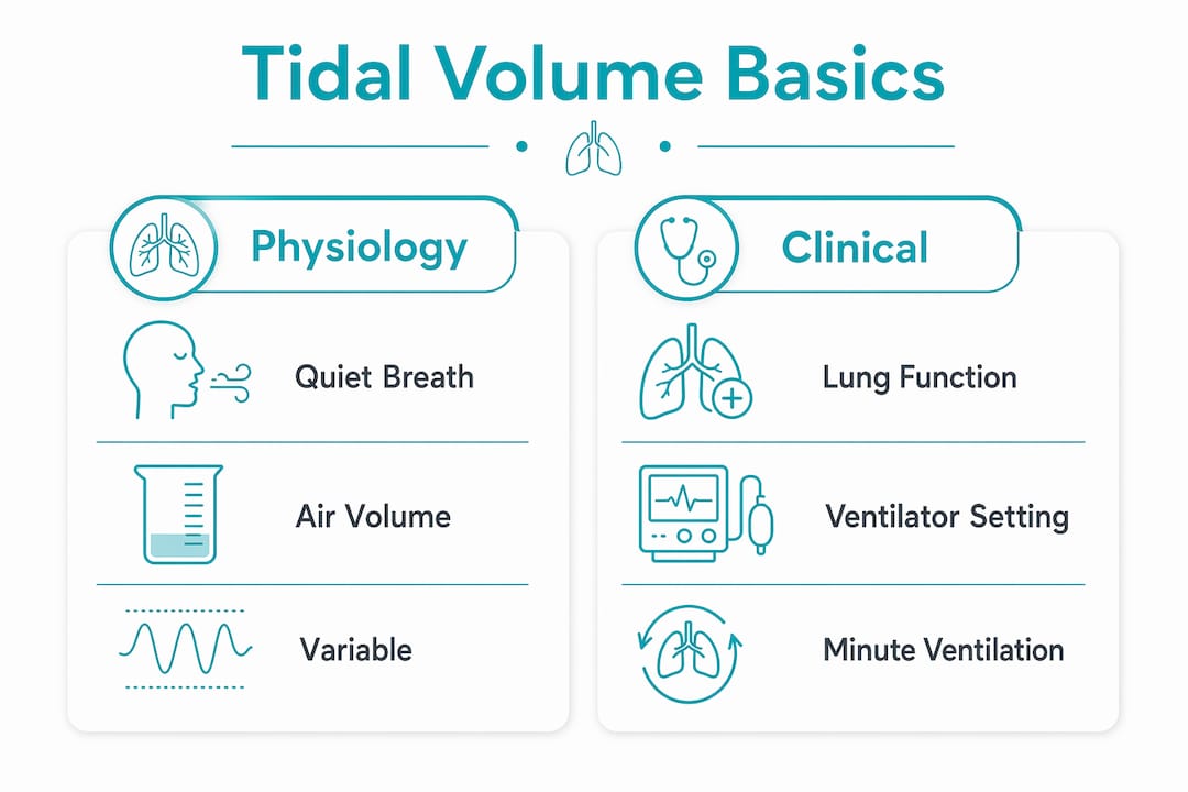 Infographic comparing tidal volume physiology and clinical aspects