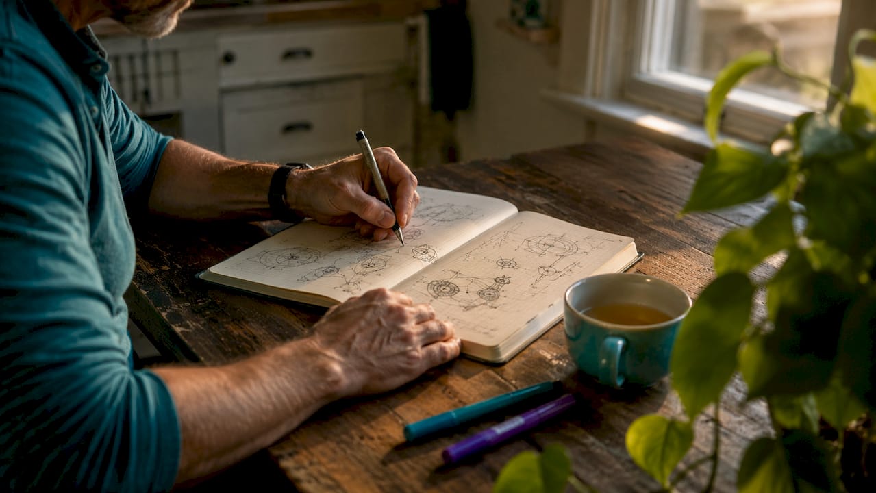 Close-up of hands sketching in inventor notebook