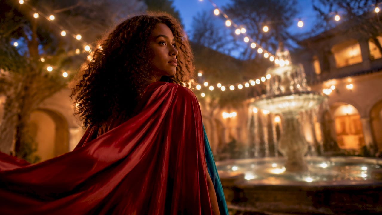 Woman wearing red cape in park at dusk