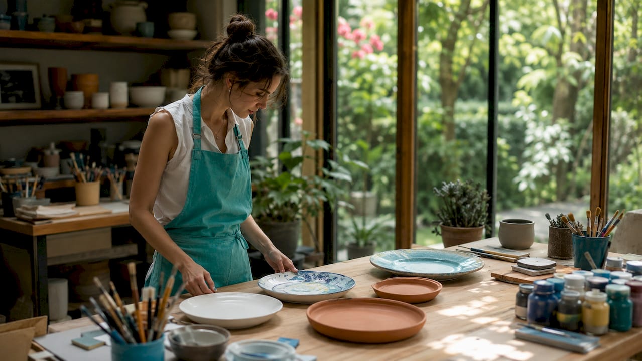 Hands selecting porcelain and ceramic plates