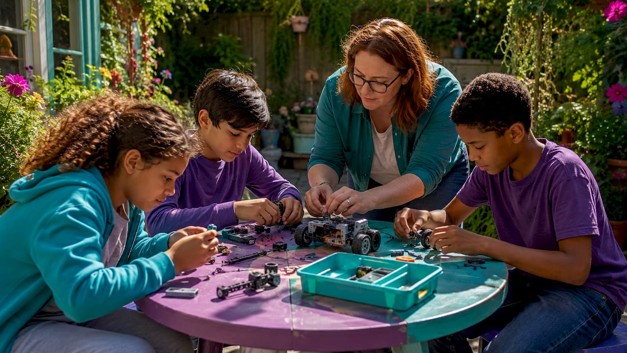 Children assembling robot in Industry 4.0 classroom setting