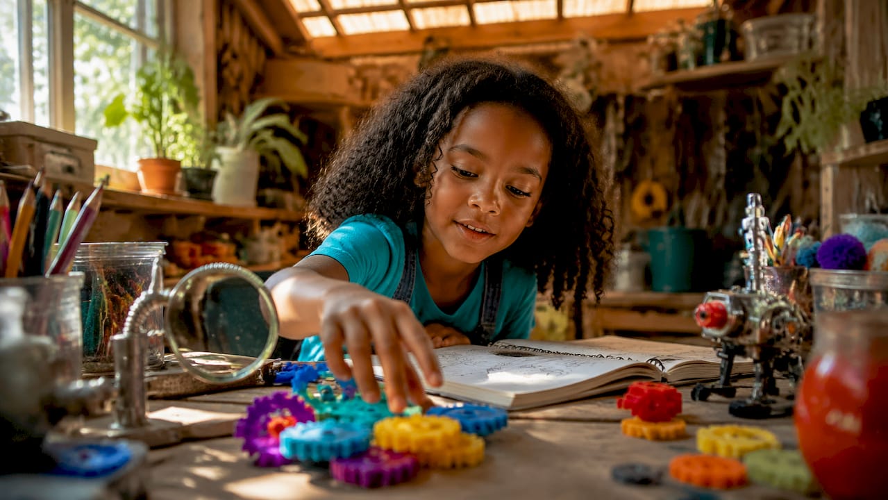 Girl exploring STEAM materials in home discovery corner