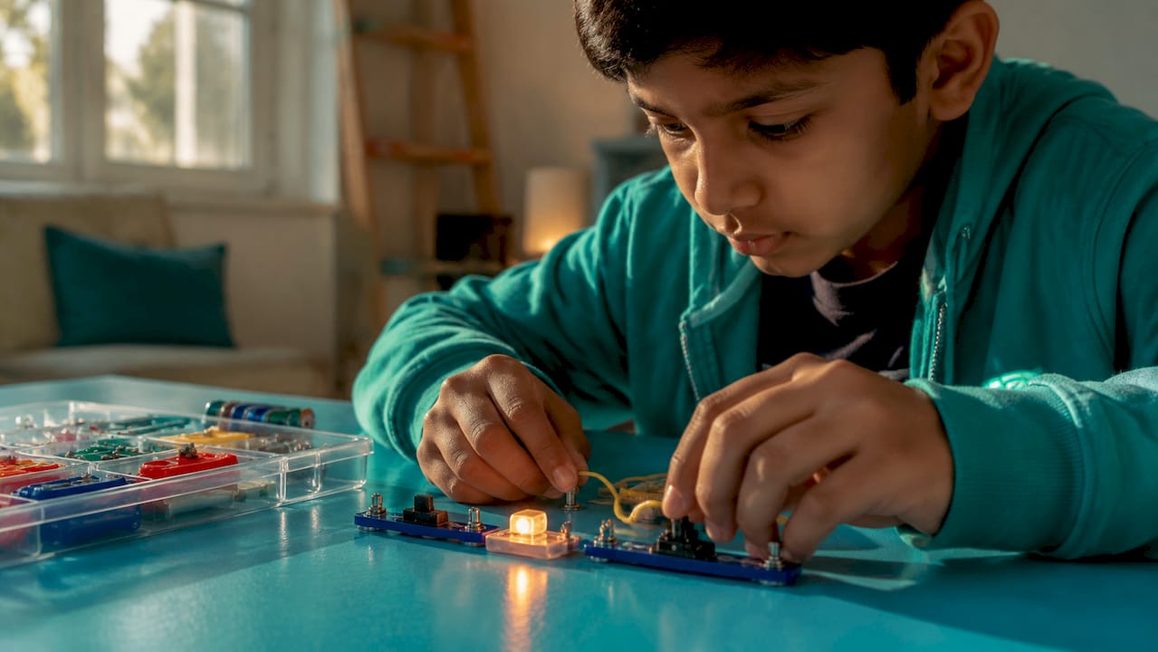 Child's hands wiring hands-on science kit circuit