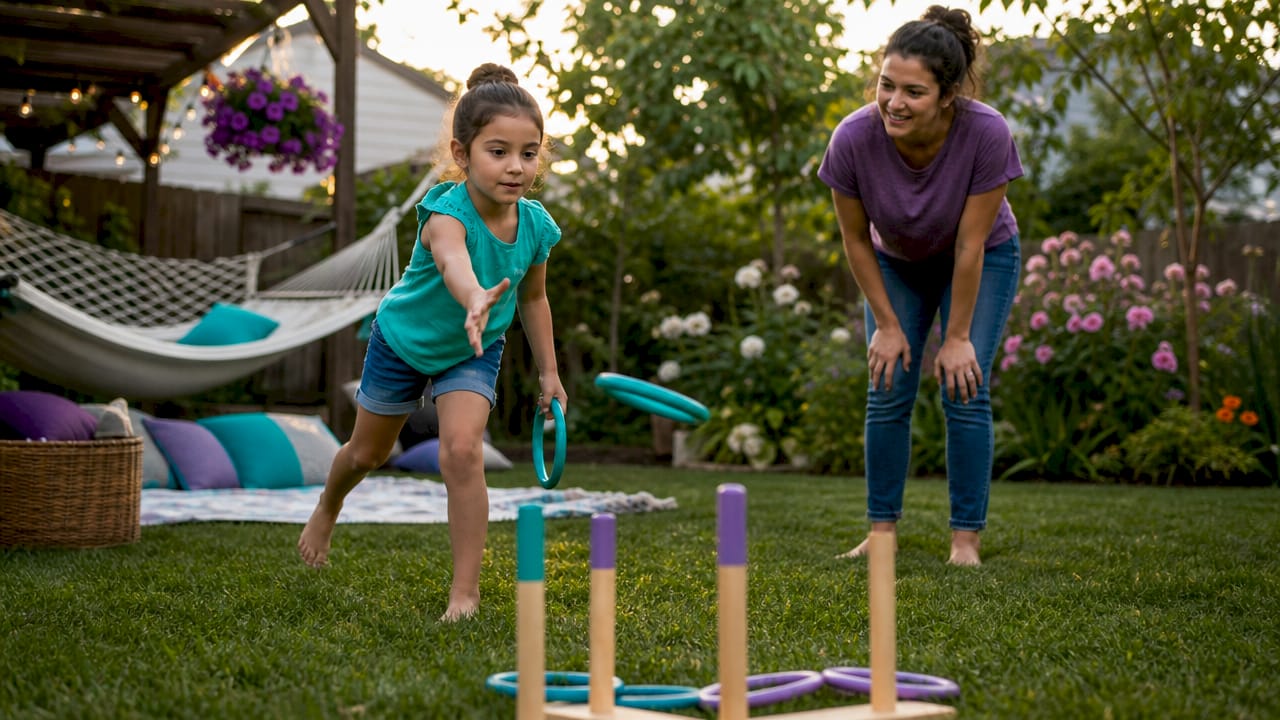 Boy and adult playing ring toss competition