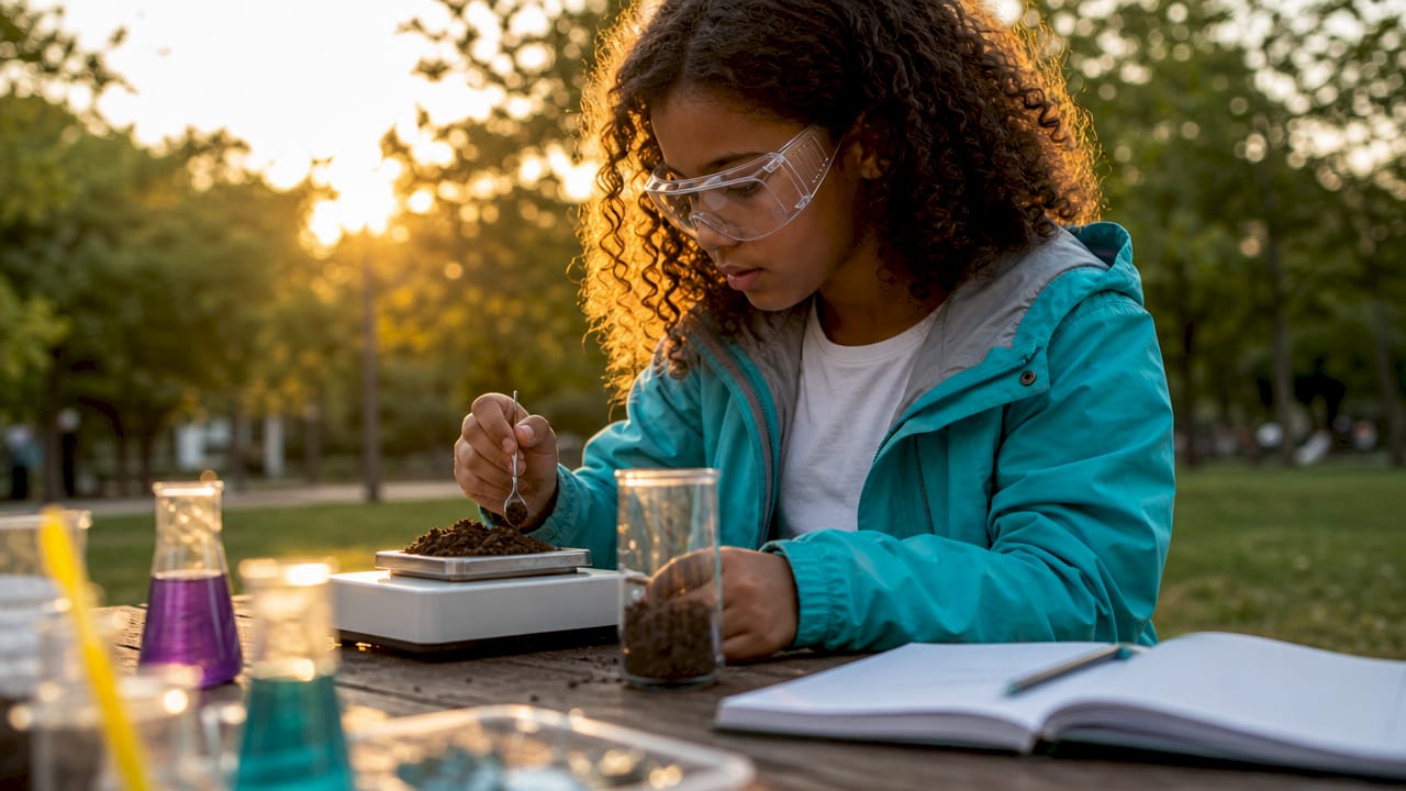 Girl measuring soil samples in STEM lab