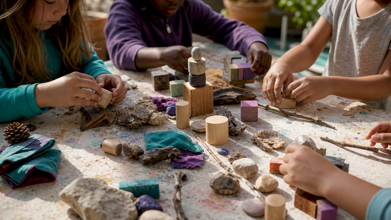 Children’s hands exploring open-ended science play materials