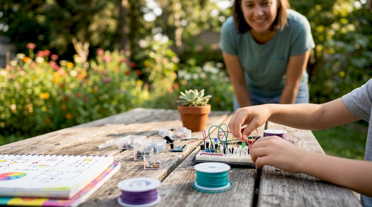Close-up hands building circuit board with parent