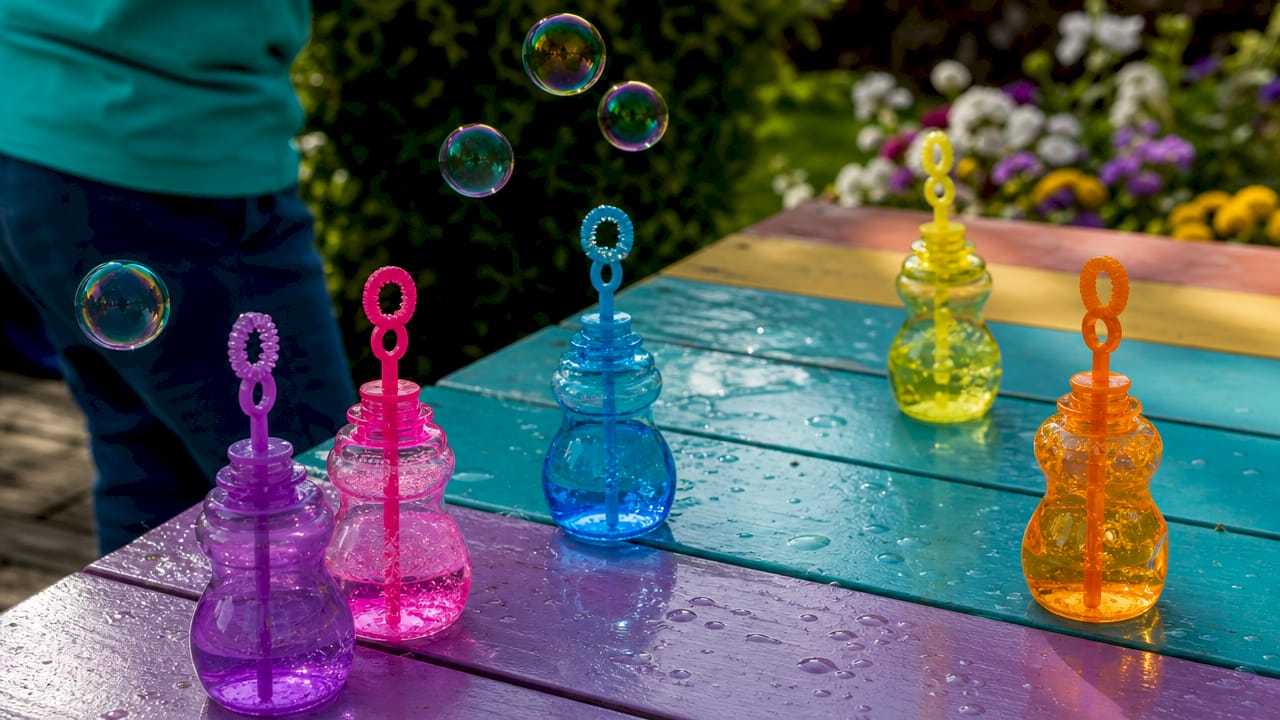 Close-up of bubble bottles with built-in wands