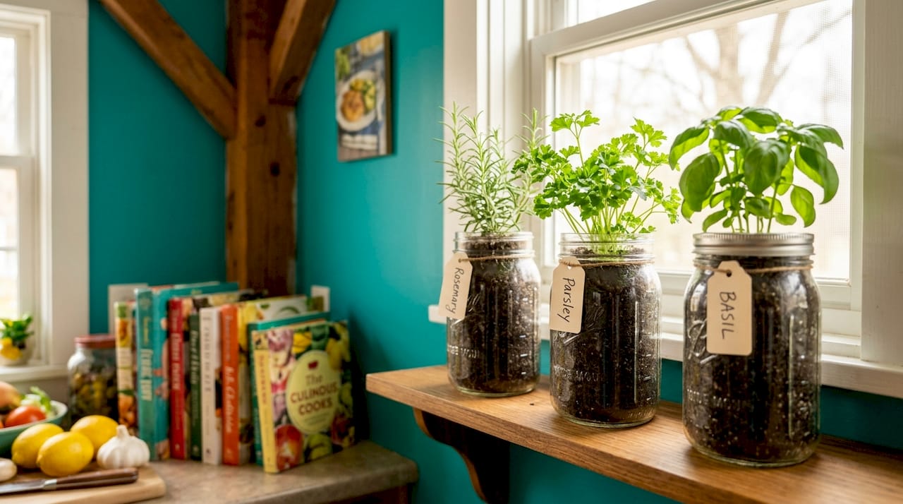 Mason jar herb planters on kitchen windowsill