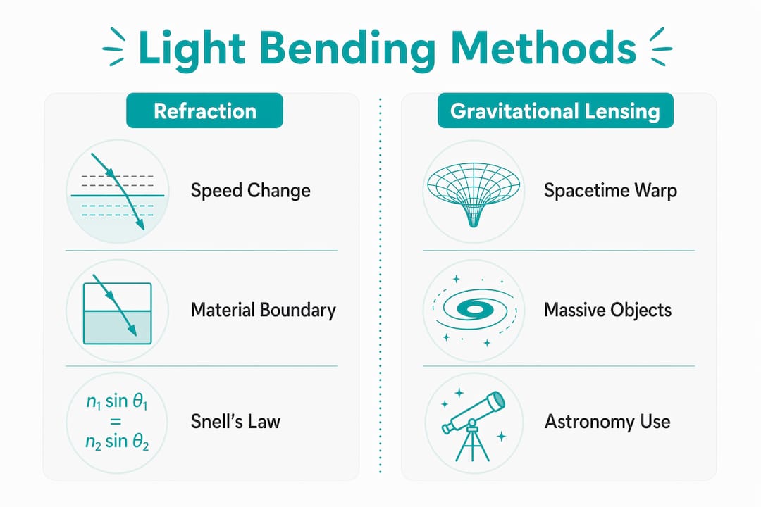 Infographic comparing refraction and gravitational lensing