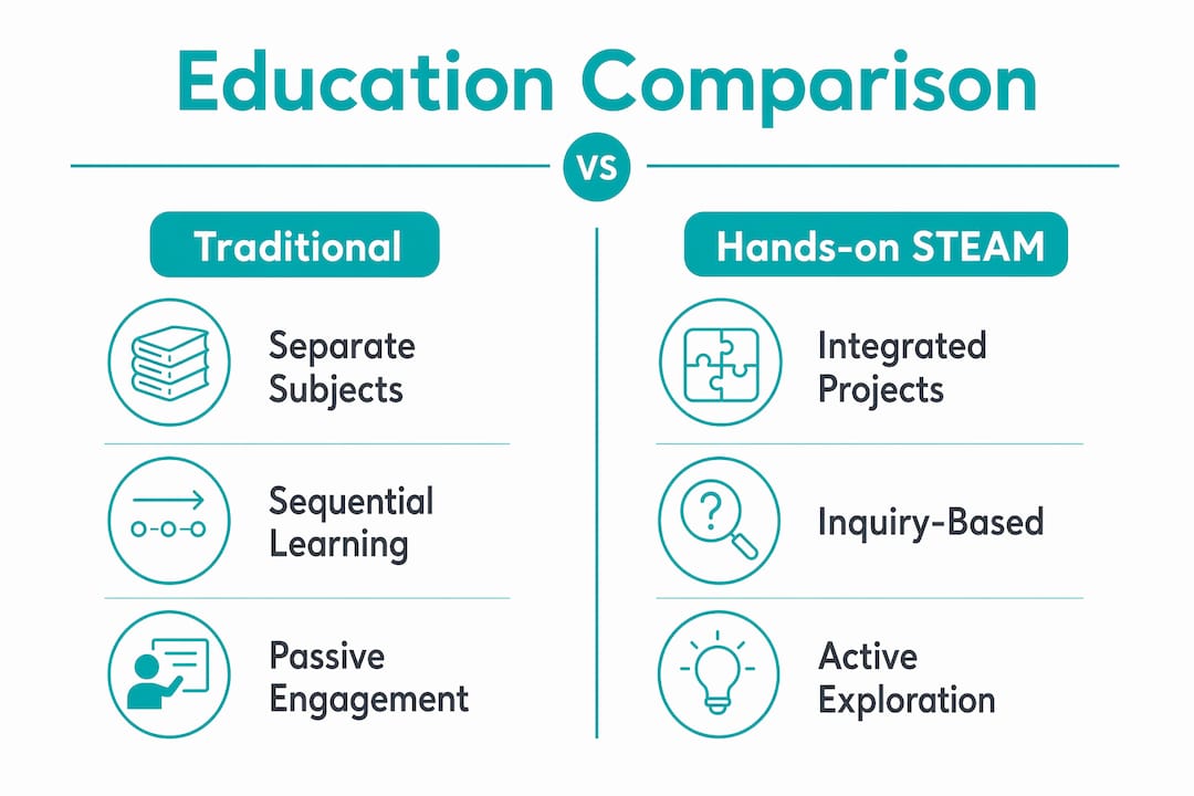 Infographic comparing traditional and hands-on STEAM education