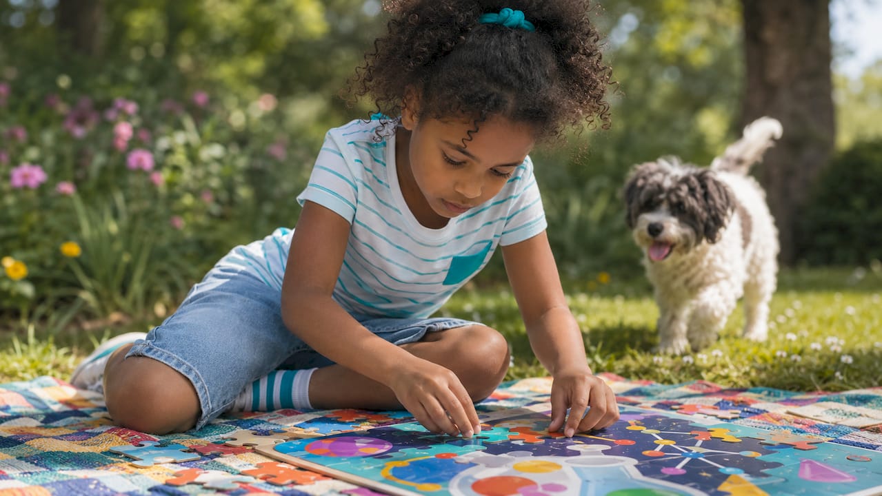 Child focused on STEM puzzle for cognitive growth