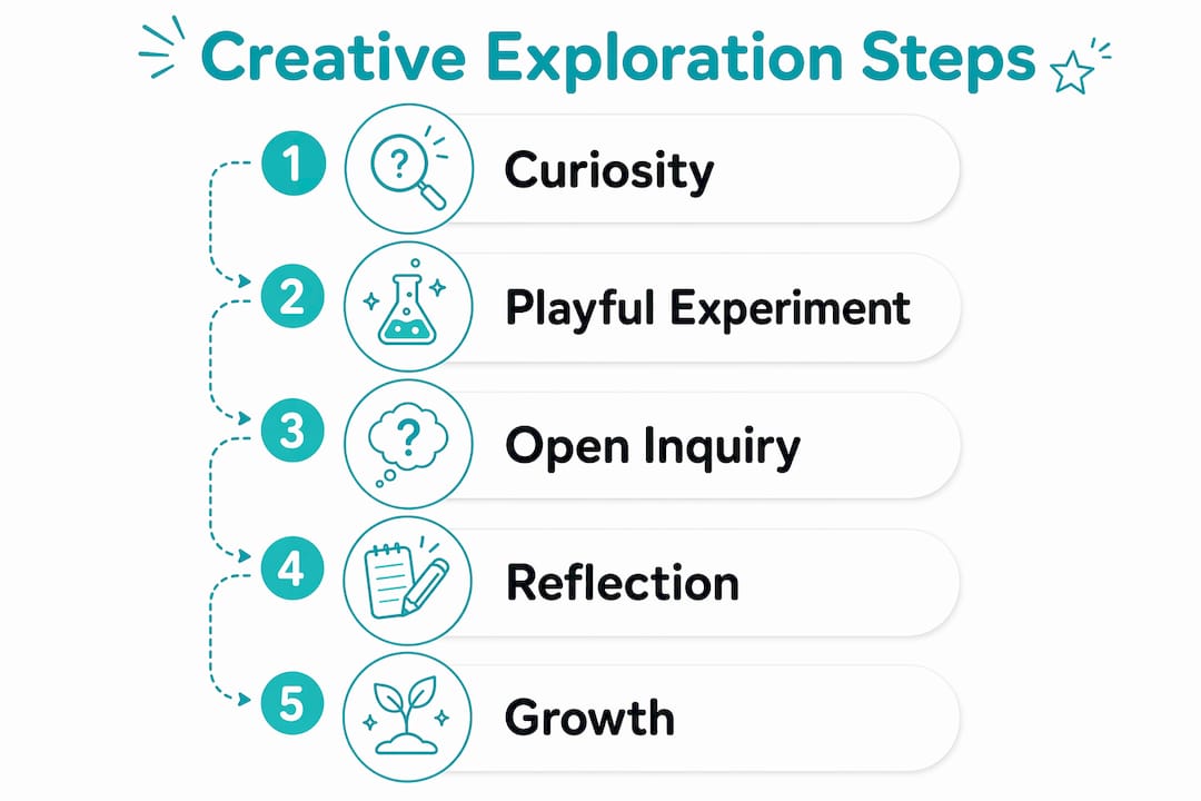 Infographic showing steps of creative exploration for kids